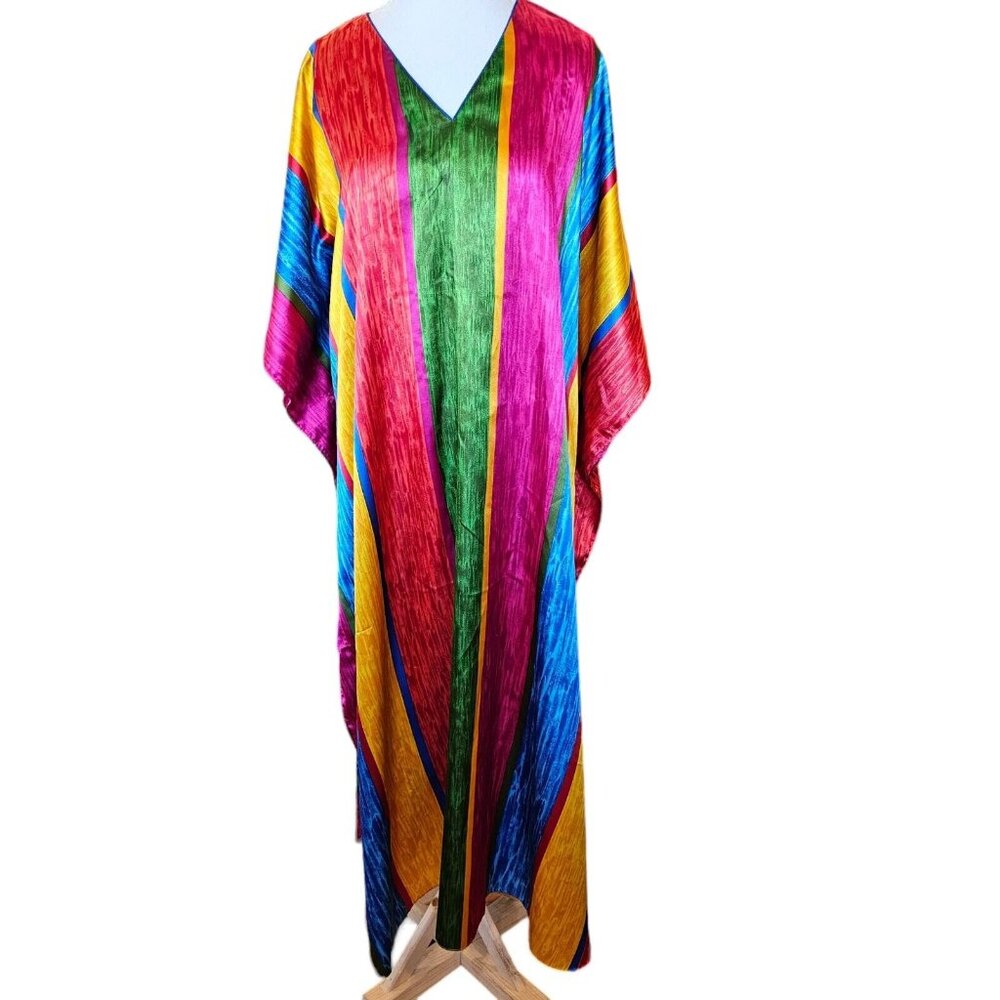 Vintage Womens One Size Colorful Muumuu Kaftan Satin Maxi Dress Rainbow Loose